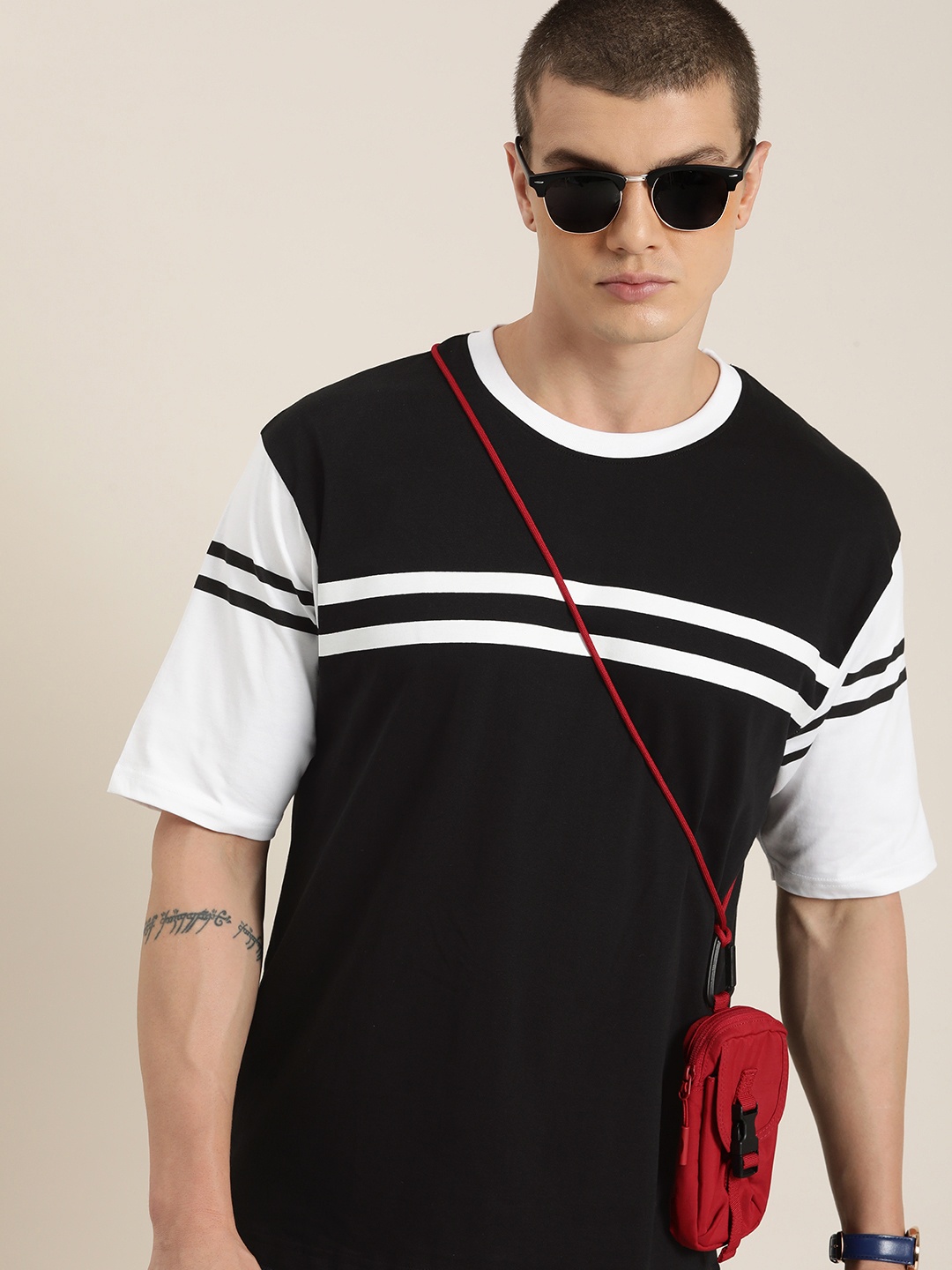 

DILLINGER Men Striped Colourblocked Drop-Shoulder Sleeves Oversized Pure Cotton T-shirt, Black