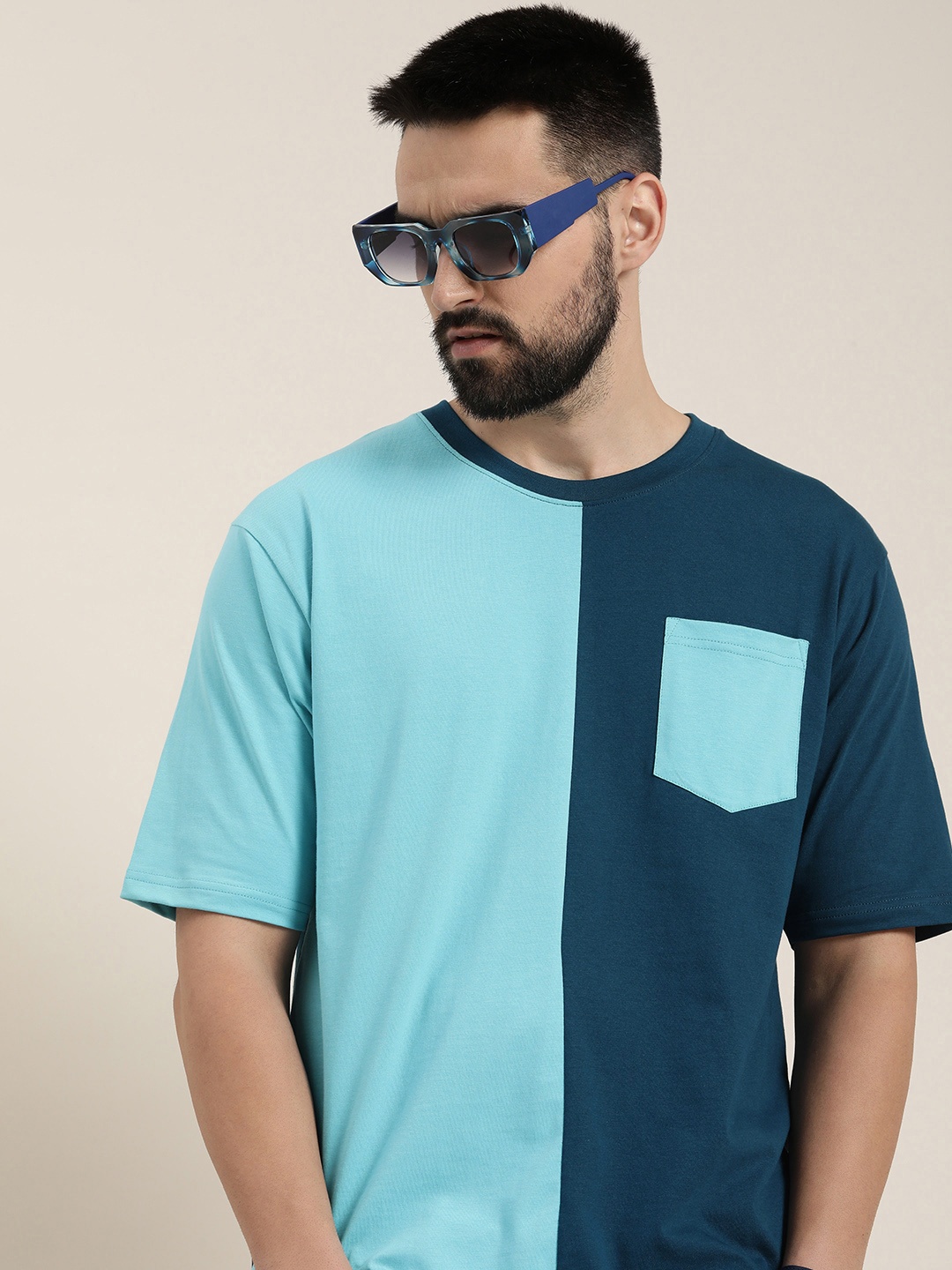 

DILLINGER Men Colourblocked Drop-Shoulder Sleeves Oversized Pure Cotton T-shirt, Turquoise blue