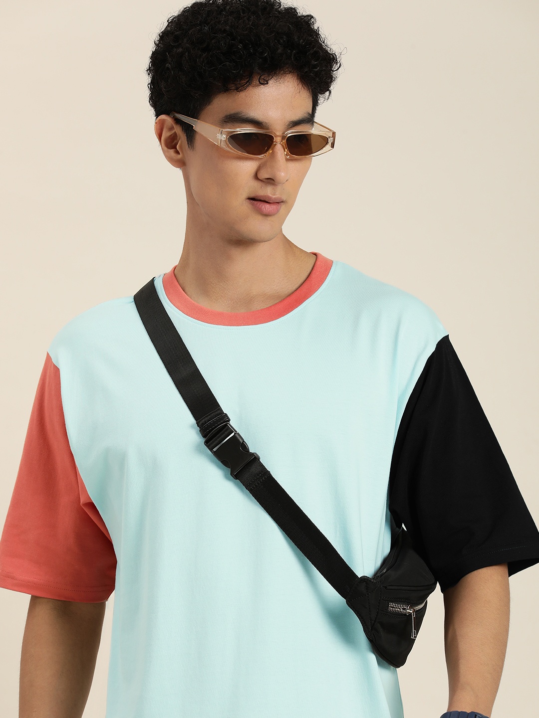 

DILLINGER Men Colourblocked Oversized Pure Cotton T-shirt, Turquoise blue
