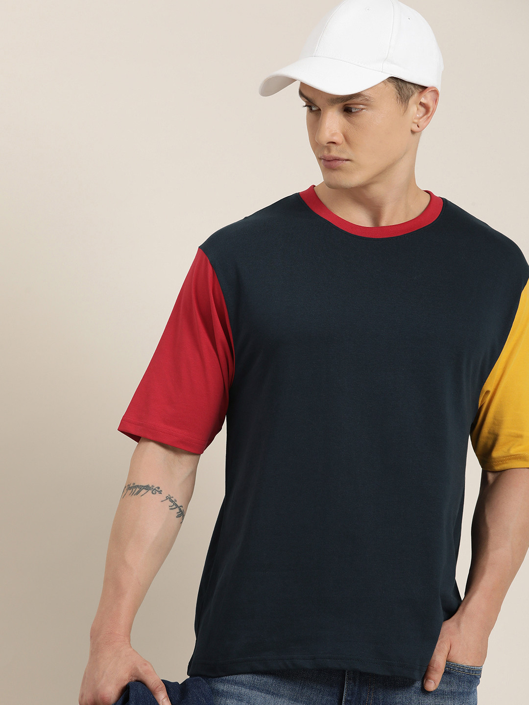 

DILLINGER Men Colourblocked Drop-Shoulder Sleeves Oversized Pure Cotton T-shirt, Navy blue