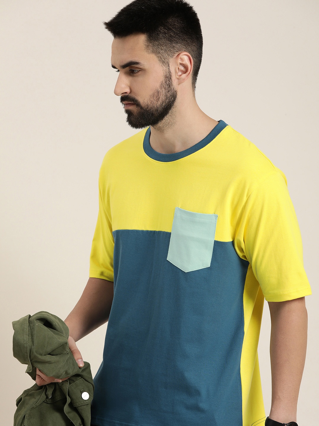 

DILLINGER Men Colourblocked Drop-Shoulder Sleeves Oversized Pure Cotton T-shirt, Teal