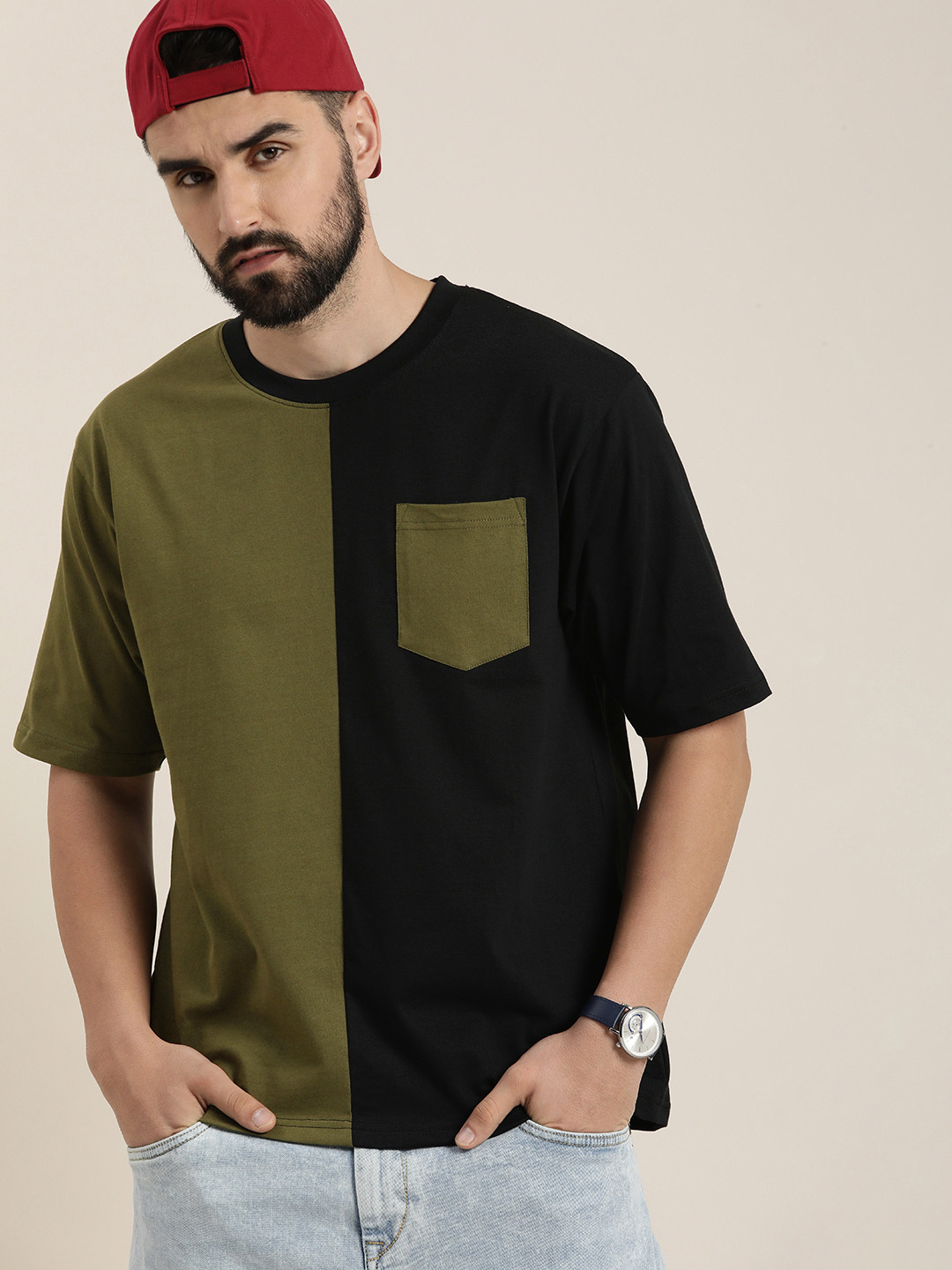 

DILLINGER Men Colourblocked Drop-Shoulder Sleeves Oversized Pure Cotton T-shirt, Olive