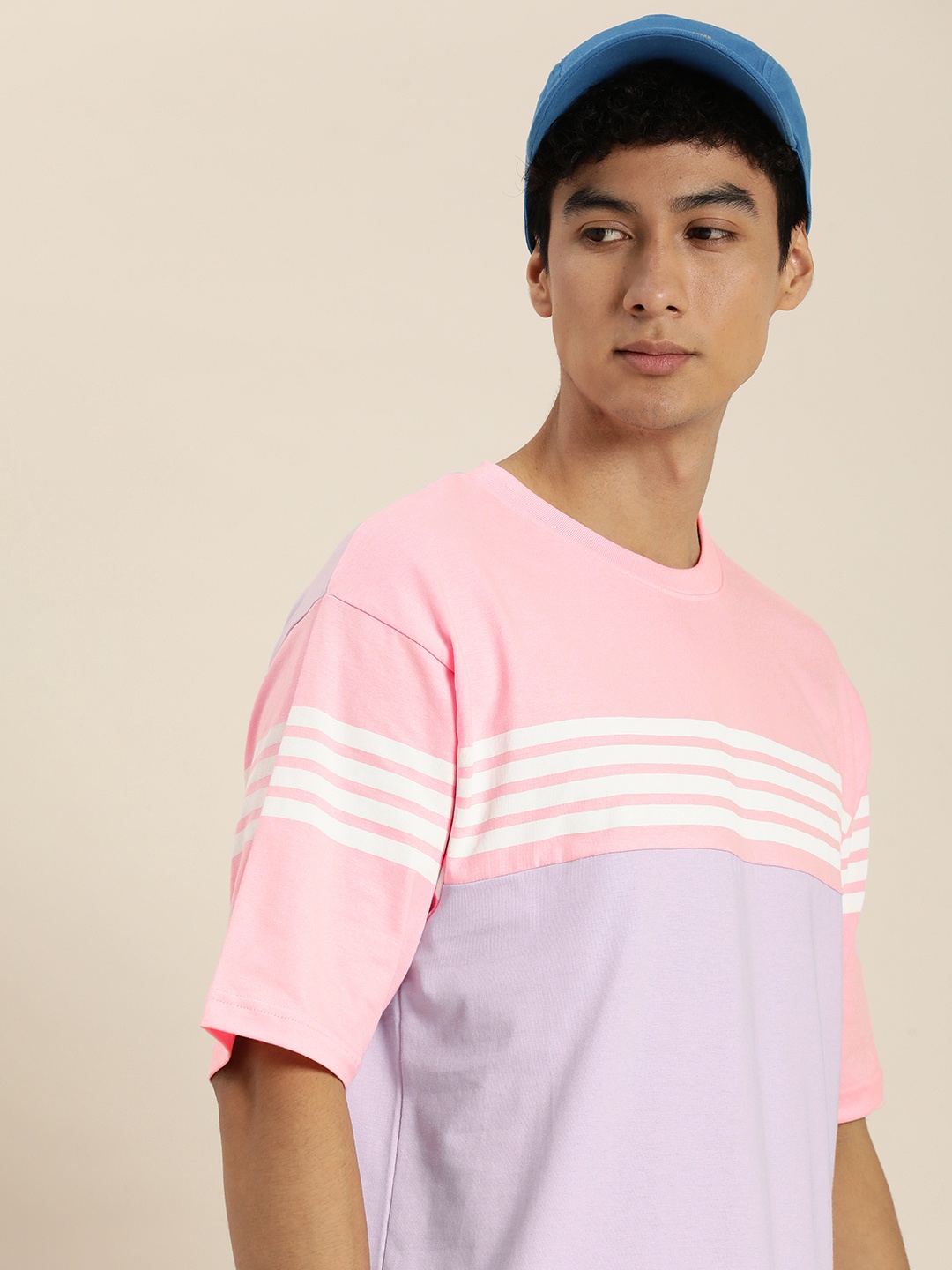 

DILLINGER Men Striped Oversized Pure Cotton T-shirt, Pink