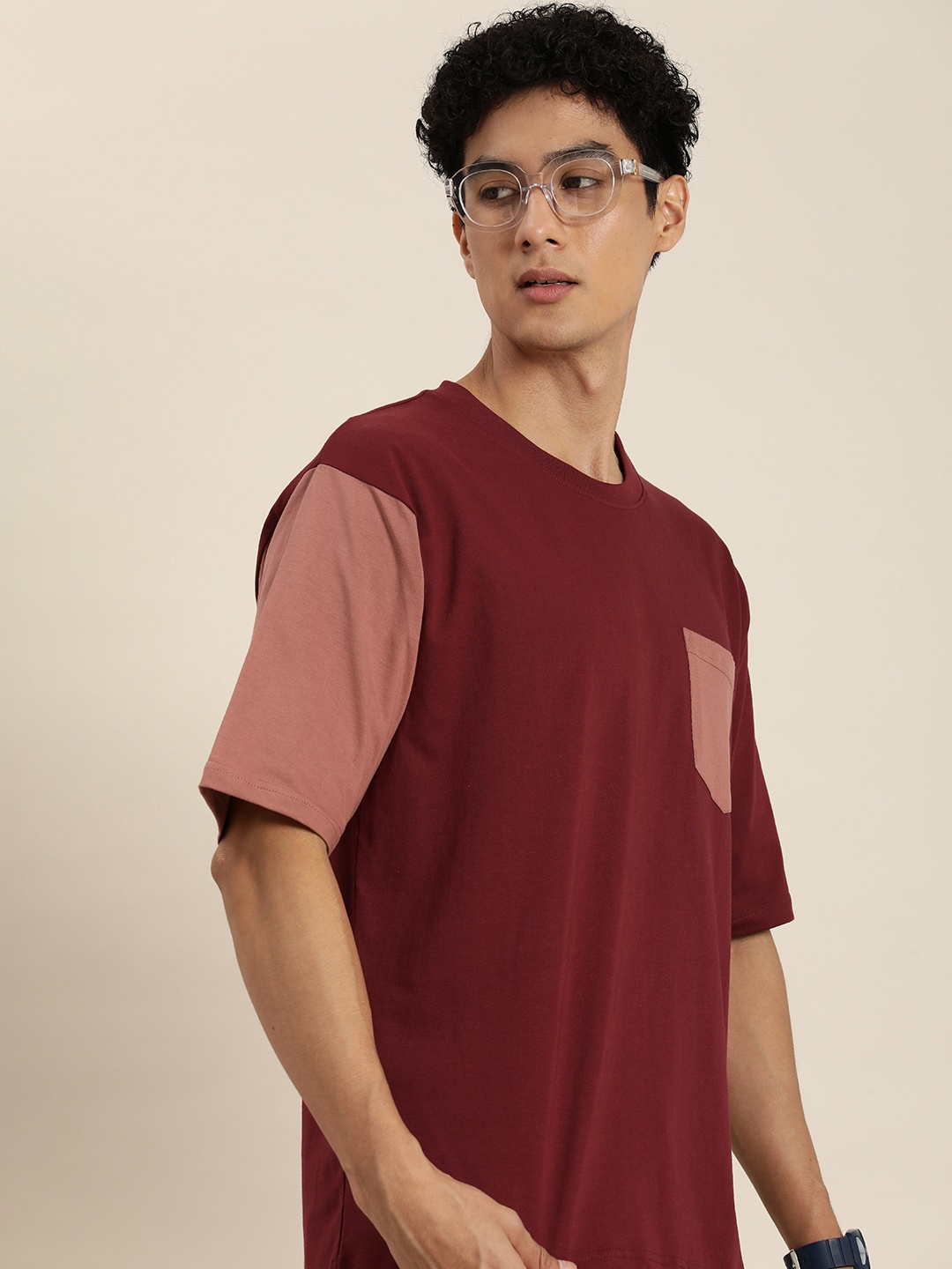 

DILLINGER Men Colourblocked Oversized Pure Cotton T-shirt, Maroon