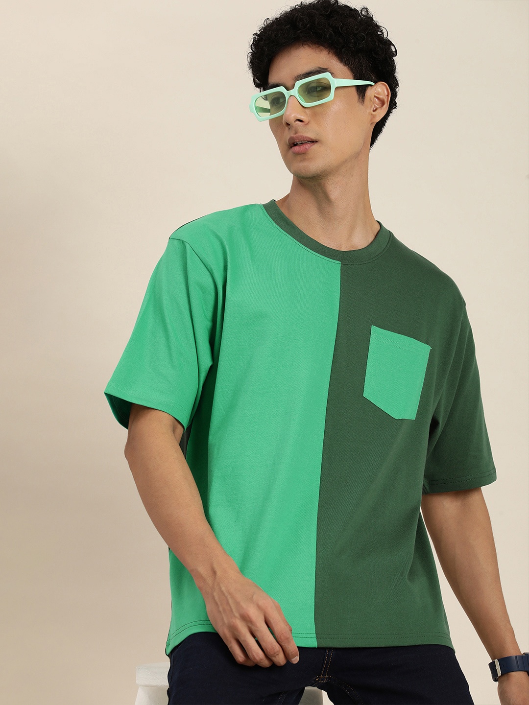 

DILLINGER Men Colourblocked Pure Cotton Oversized T-shirt, Green