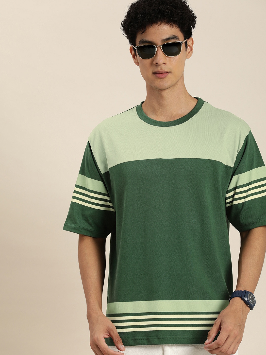 

DILLINGER Men Colourblocked Oversized Pure Cotton T-shirt, Green
