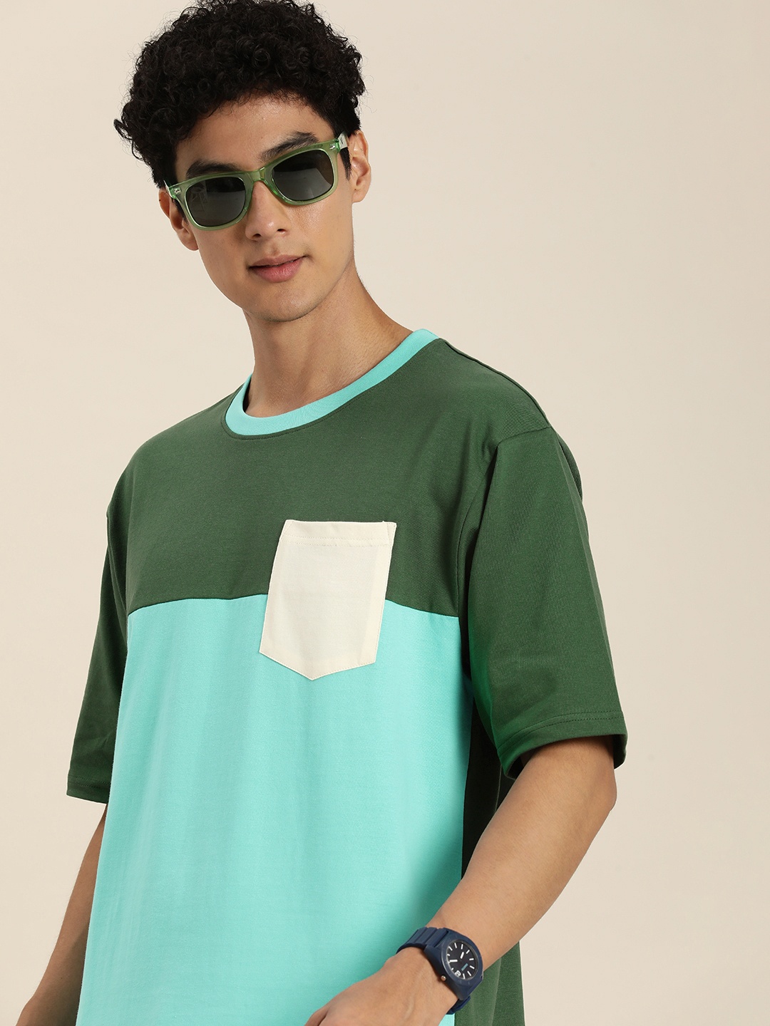 

DILLINGER Men Colourblocked Pure Cotton Oversized T-shirt, Green