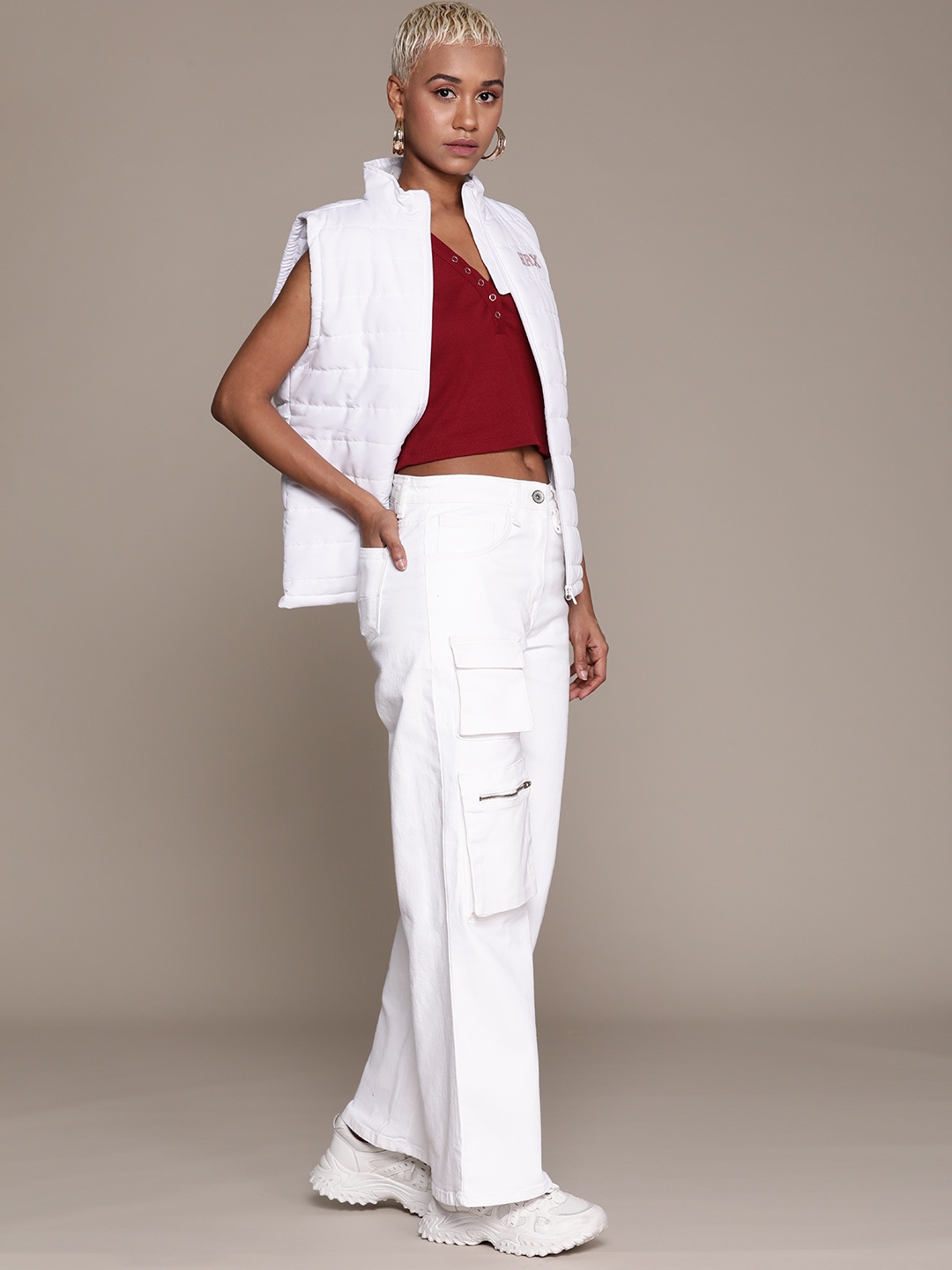 

The Roadster Lifestyle Co. Women Flared Stretchable Cargo Jeans, White