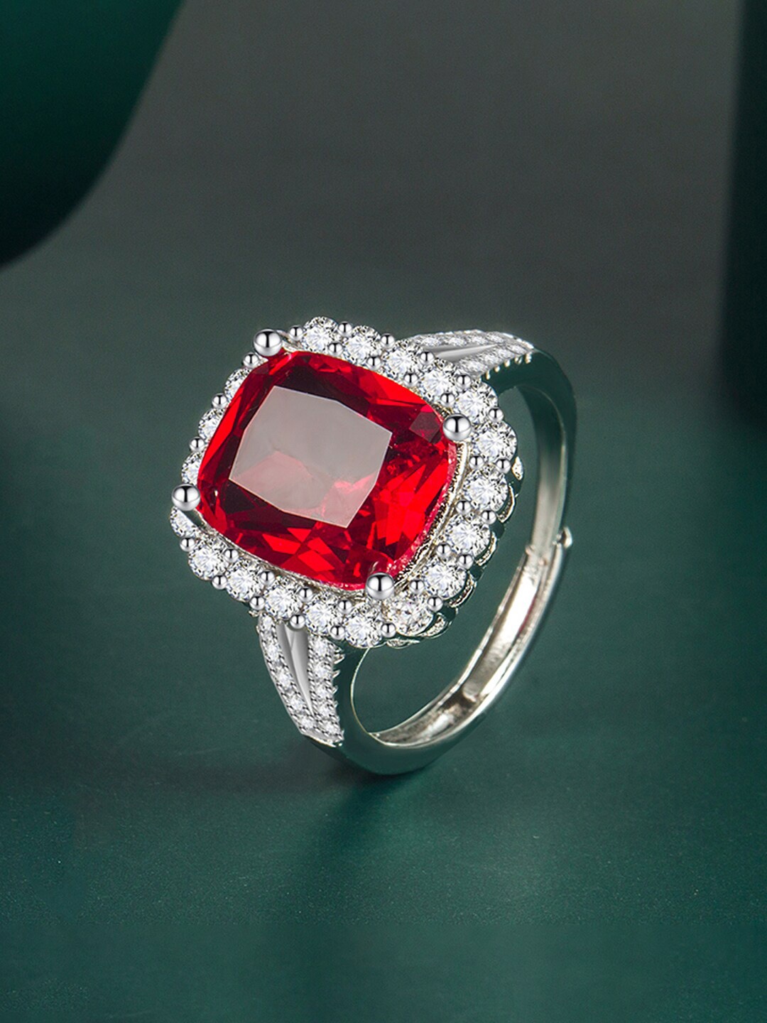 

Designs & You Silver-Plated CZ Studded Finger Ring, Red