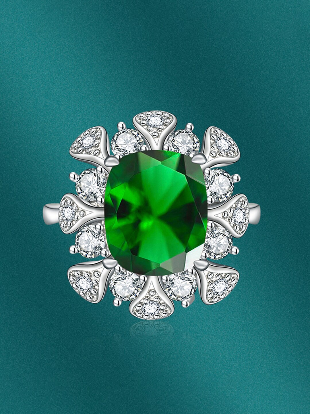 

Designs & You Silver-Plated CZ-Studded Crushed Ice Cut Finger Ring, Green