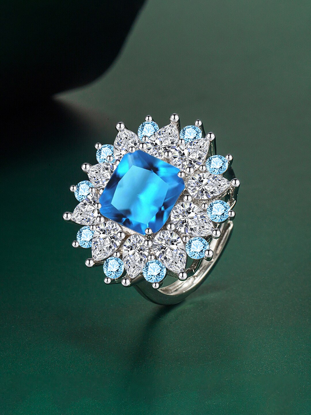 

Designs & You Blue Silver Plated CZ Studded Crushed Ice Cut Adjustable Finger Ring