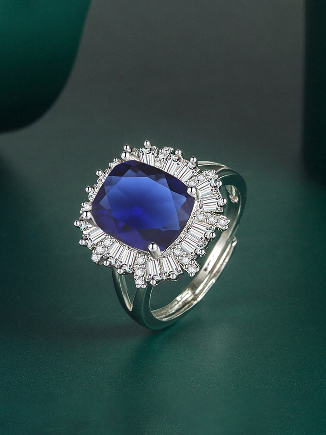 

Designs & You Silver-plated Cubic Zirconia Studded Crushed Ice-Cut Ring, Blue