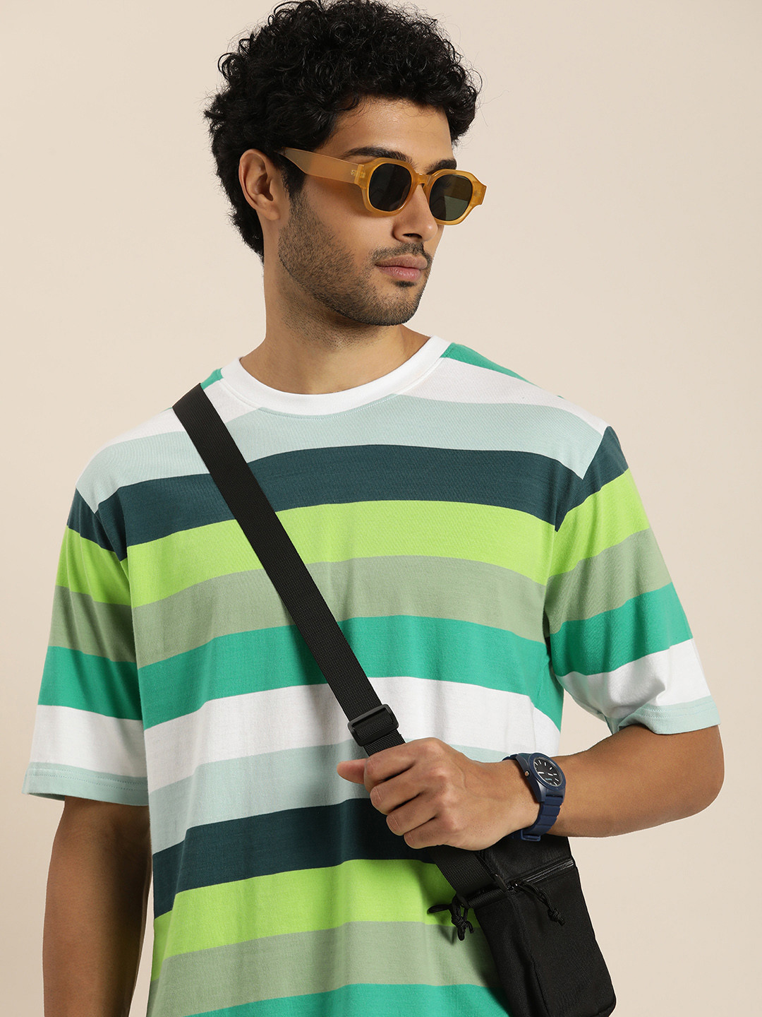 

Difference of Opinion Striped Oversized Pure Cotton T-shirt, Green