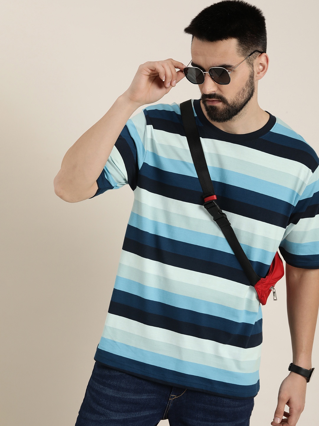 

Difference of Opinion Men Striped Pure Cotton T-shirt, Blue