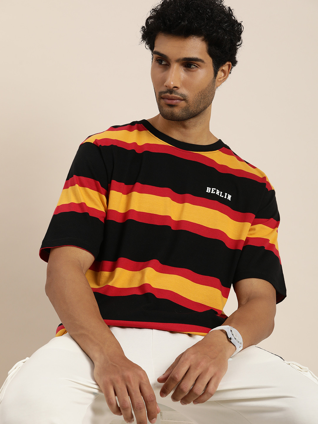 

Difference of Opinion Men Striped Oversized Pure Cotton T-shirt, Black