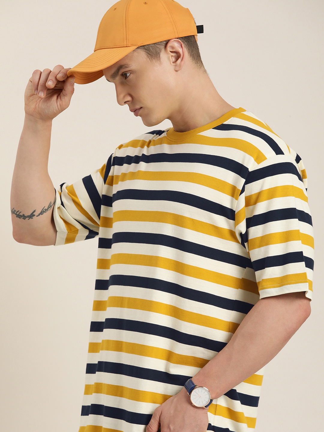 

Difference of Opinion Men Striped Pure Cotton T-shirt, Yellow