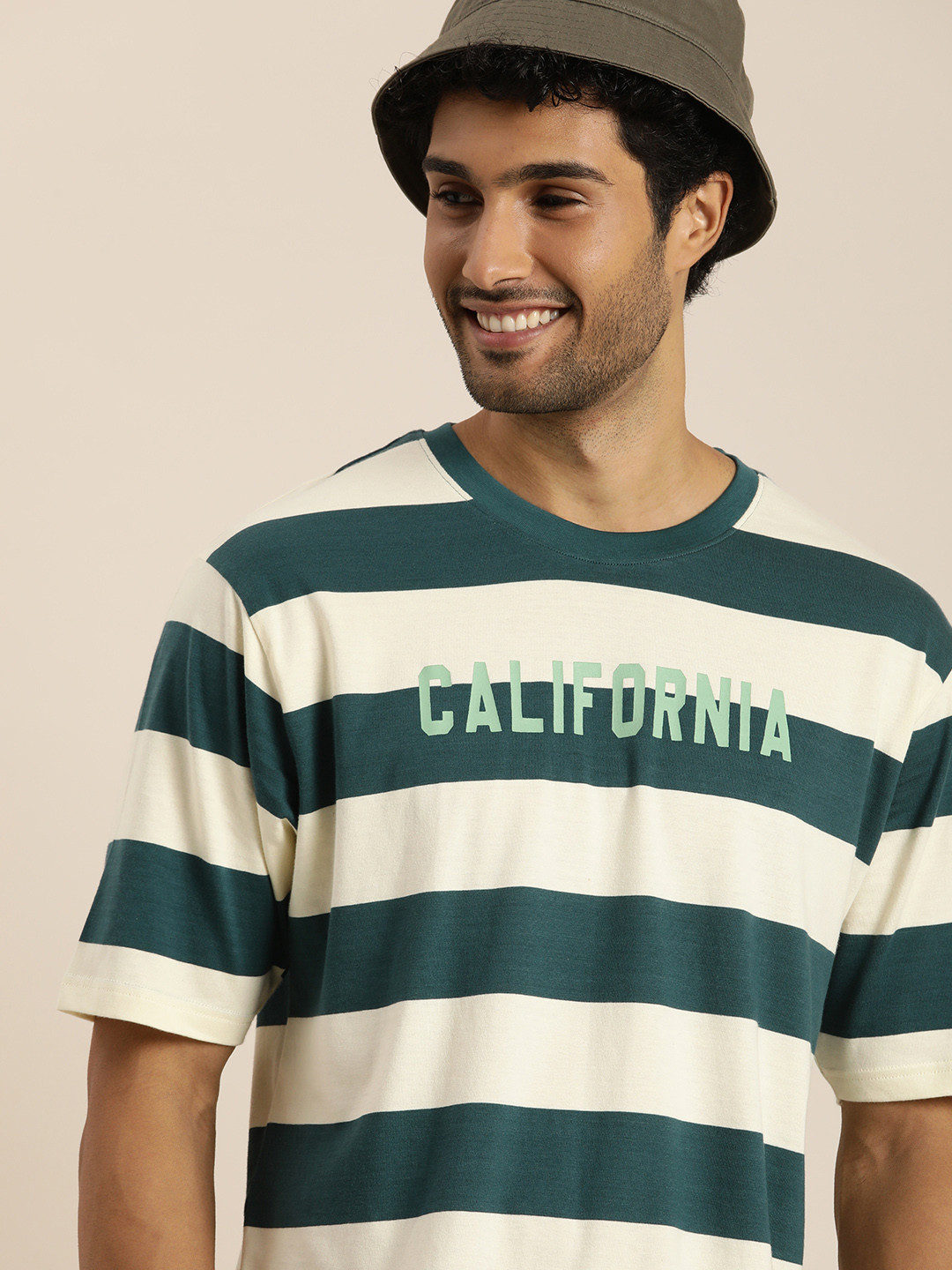

Difference of Opinion Men Striped Oversized Pure Cotton T-shirt, Beige