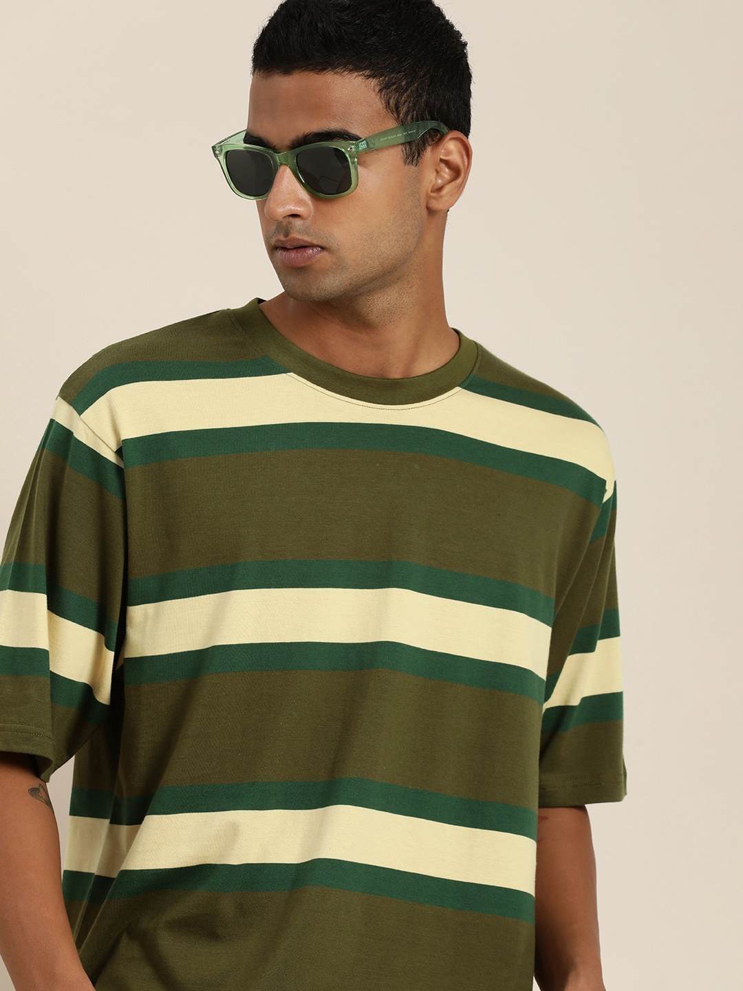 

DILLINGER Men Striped Pure Cotton T-shirt, Green