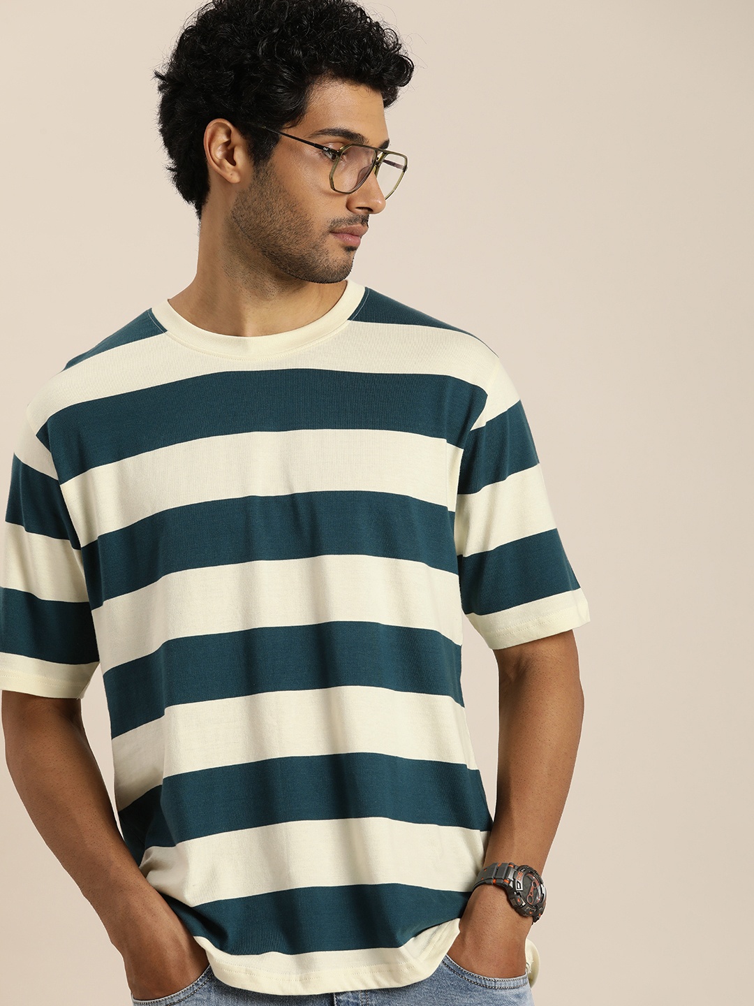 

Difference of Opinion Men Striped Pure Cotton T-shirt, Beige