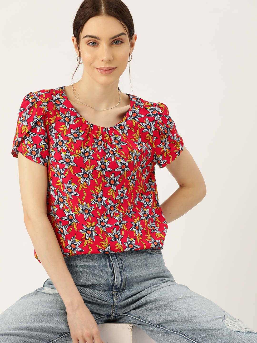 

DressBerry Floral Print Puff Sleeves Top, Red