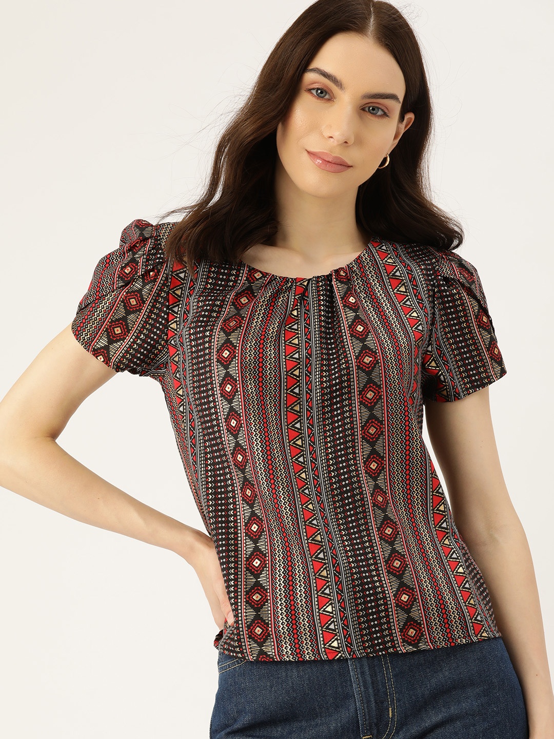 

DressBerry Geometric Print Puff Sleeves Top, Black