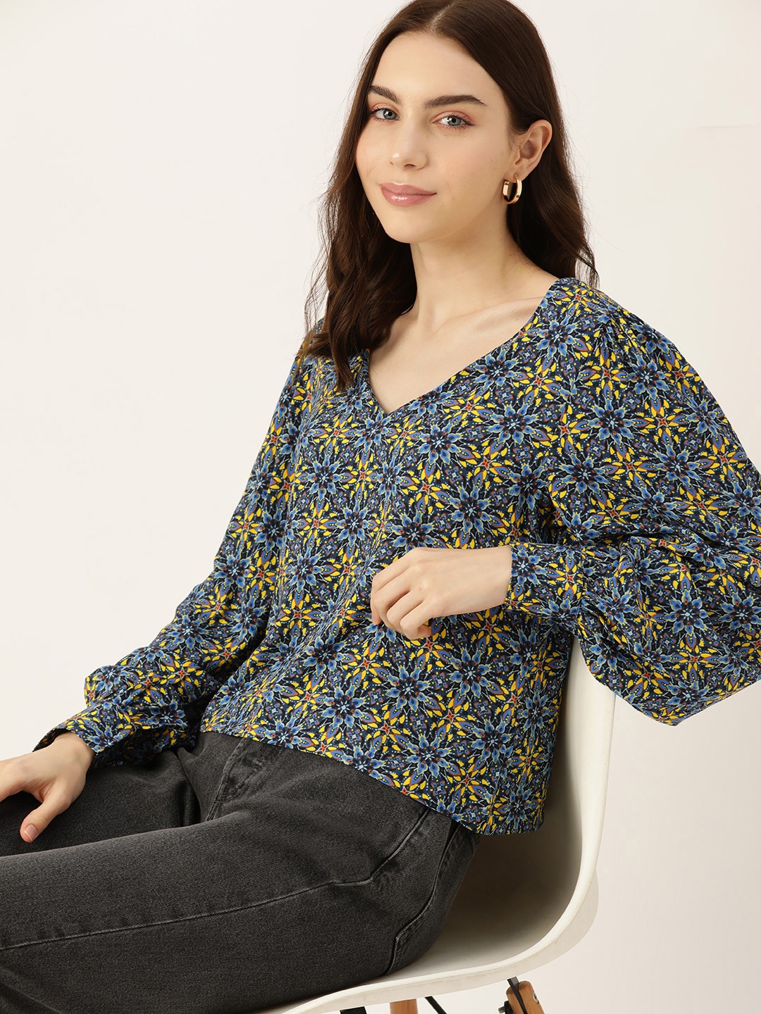 

DressBerry Floral Print Cuffed Sleeves Top, Navy blue