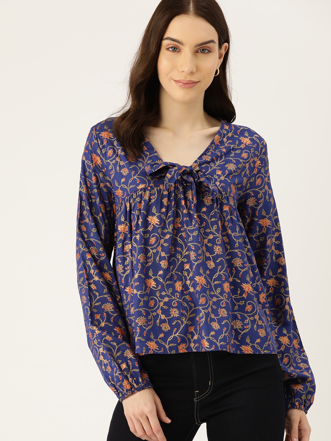 

DressBerry Floral Print Puff Sleeves Top, Blue