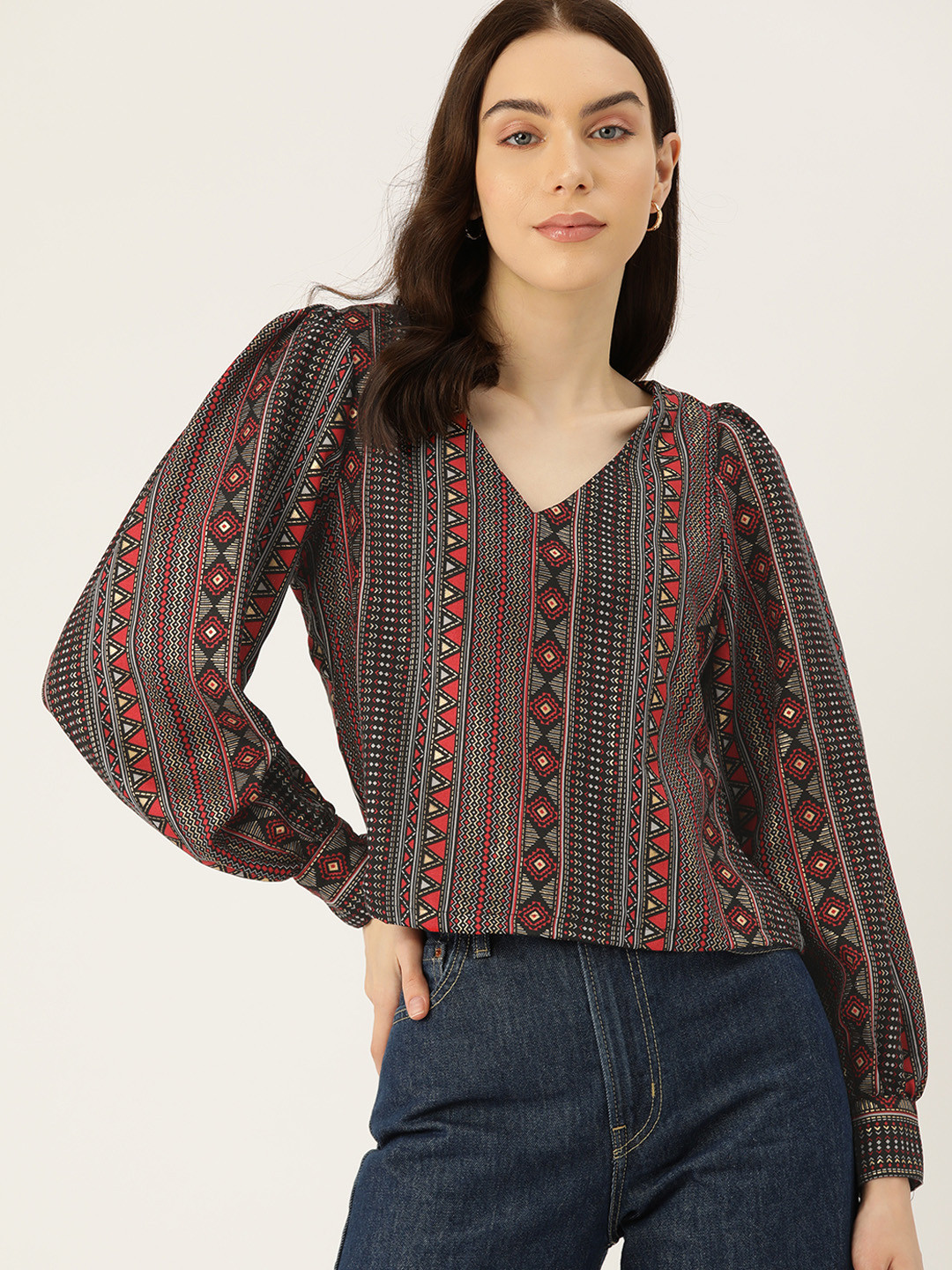 

DressBerry Geometric Print Puff Sleeves Top, Black