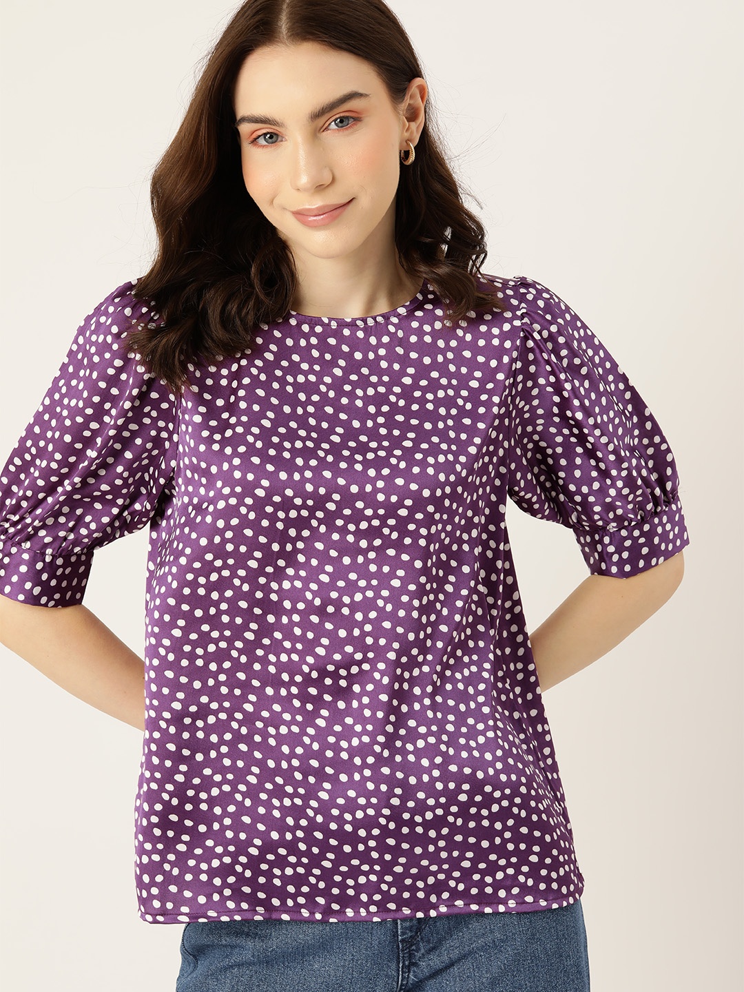 

DressBerry Dotted Print Puff Sleeves Top, Purple