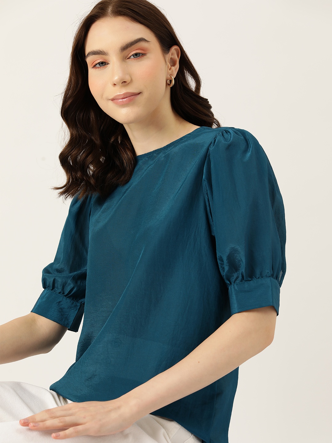 

DressBerry Solid Puff Sleeves Top, Teal