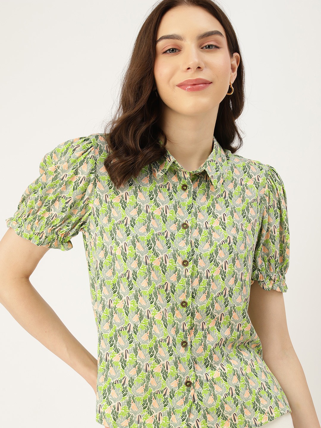 

DressBerry Floral Printed Puff Sleeves Shirt Style Top, Green