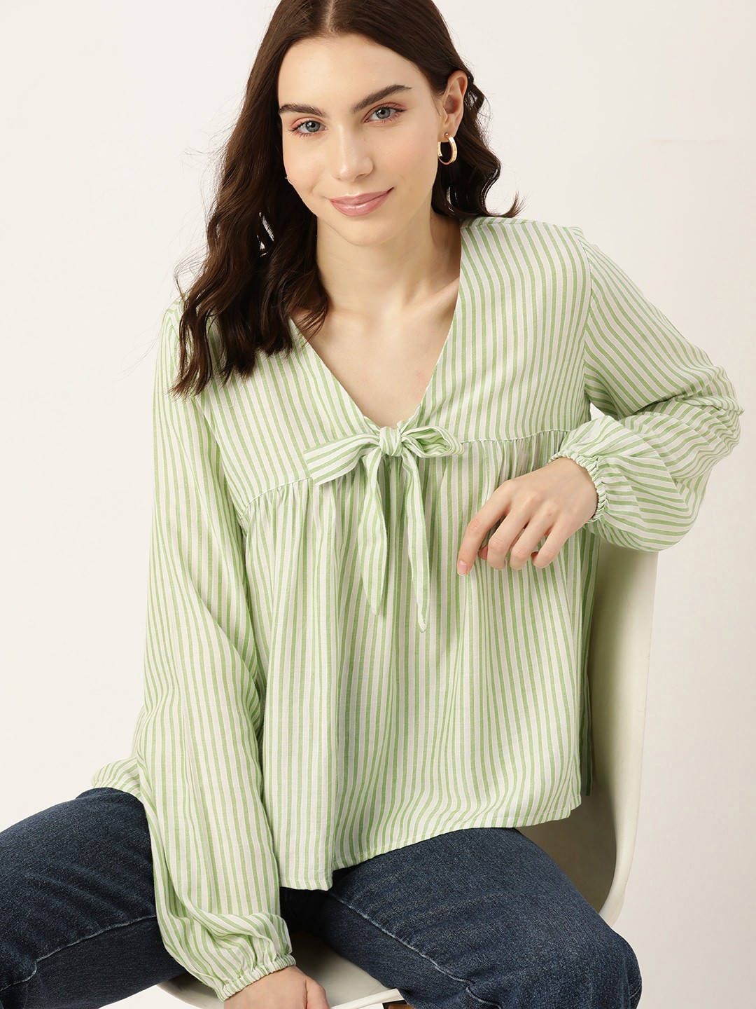 

DressBerry Striped Tie-Up Neck Top, Green