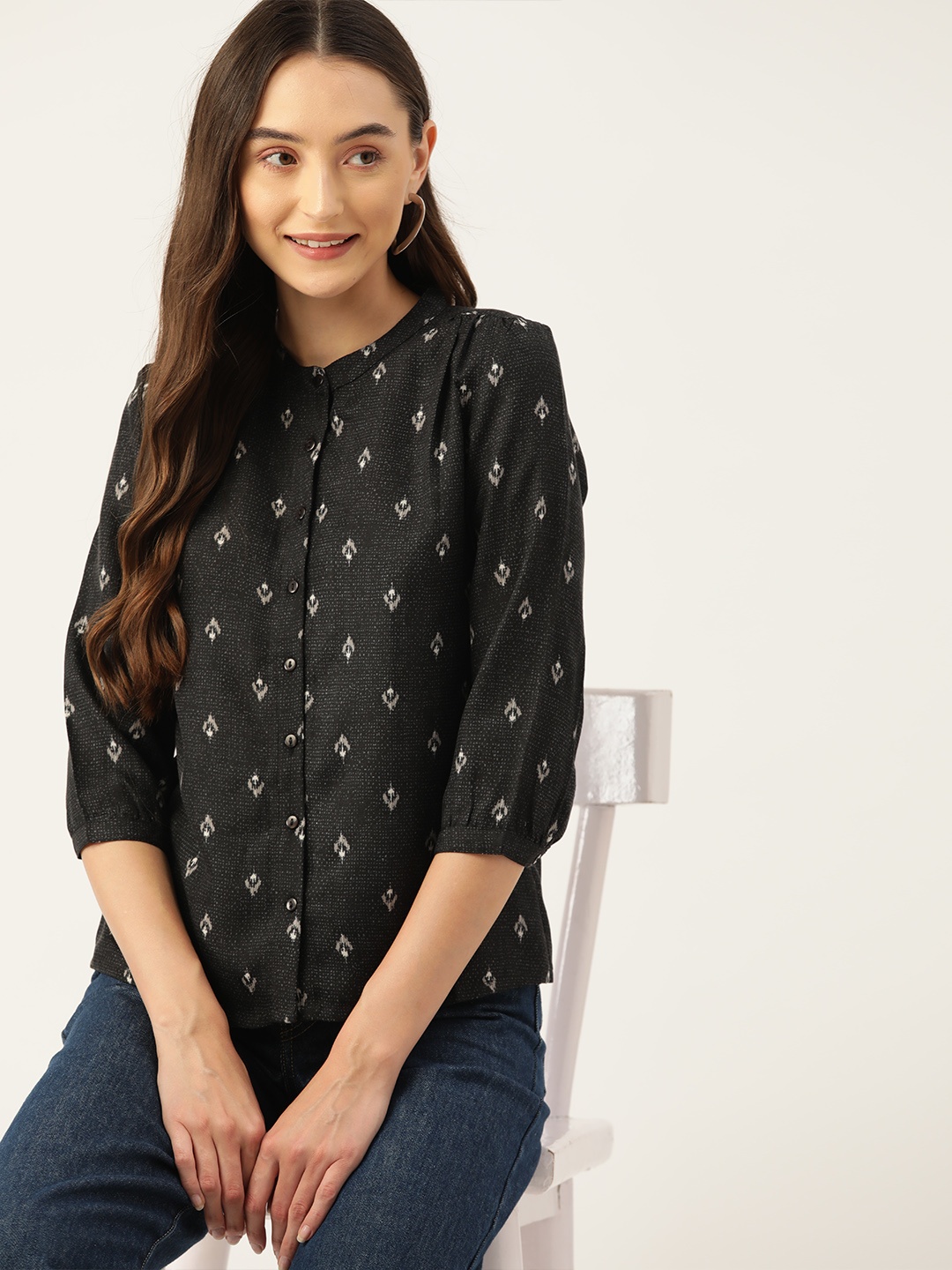 

DressBerry Band Collar Monochrome Shirt Style Top, Black