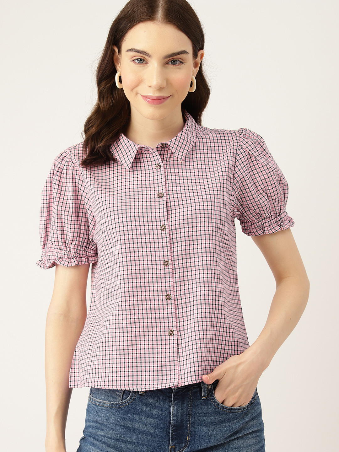 

DressBerry Checked Shirt Style Top, Pink