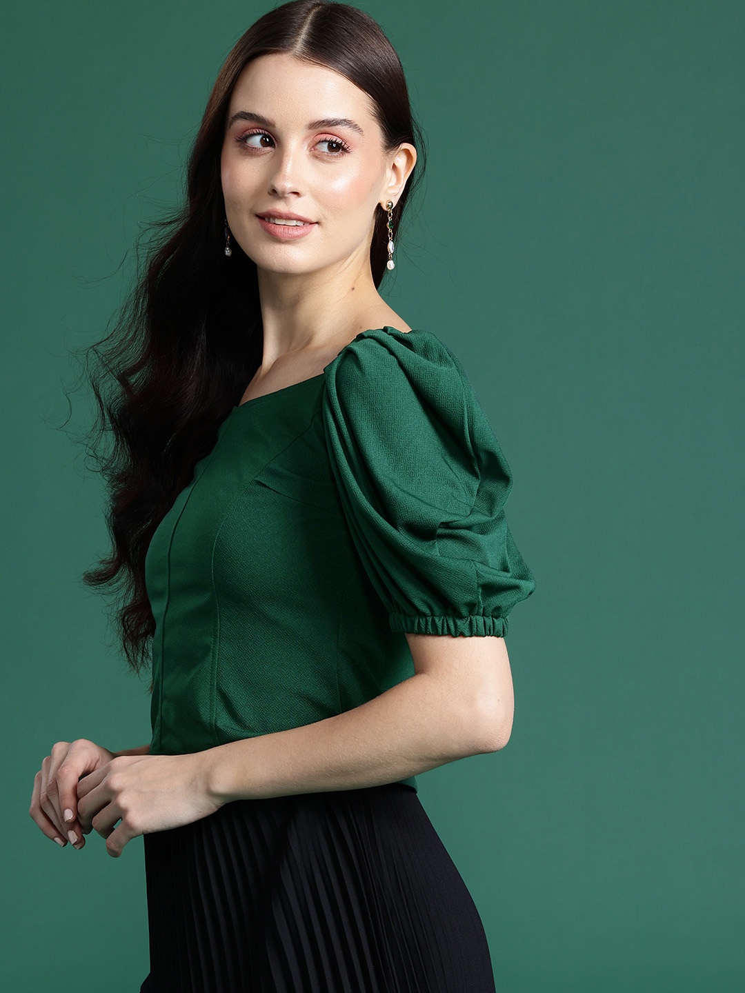 

DressBerry Sweetheart Neck Puff Sleeves Top, Green