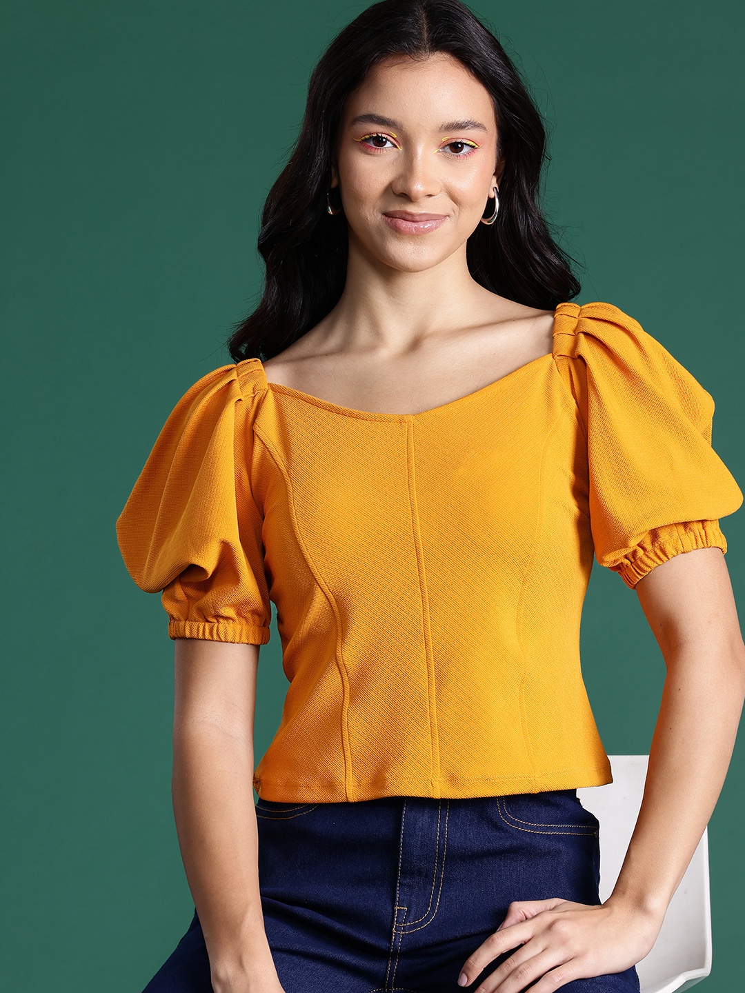 

DressBerry Bizwear Sweetheart Neck Puff Sleeve Top, Mustard