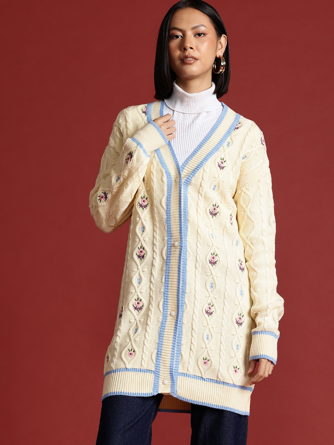 

all about you Embroidered Cable Knit Drop-Shoulder Sleeves Longline Acrylic Cardigan, Cream