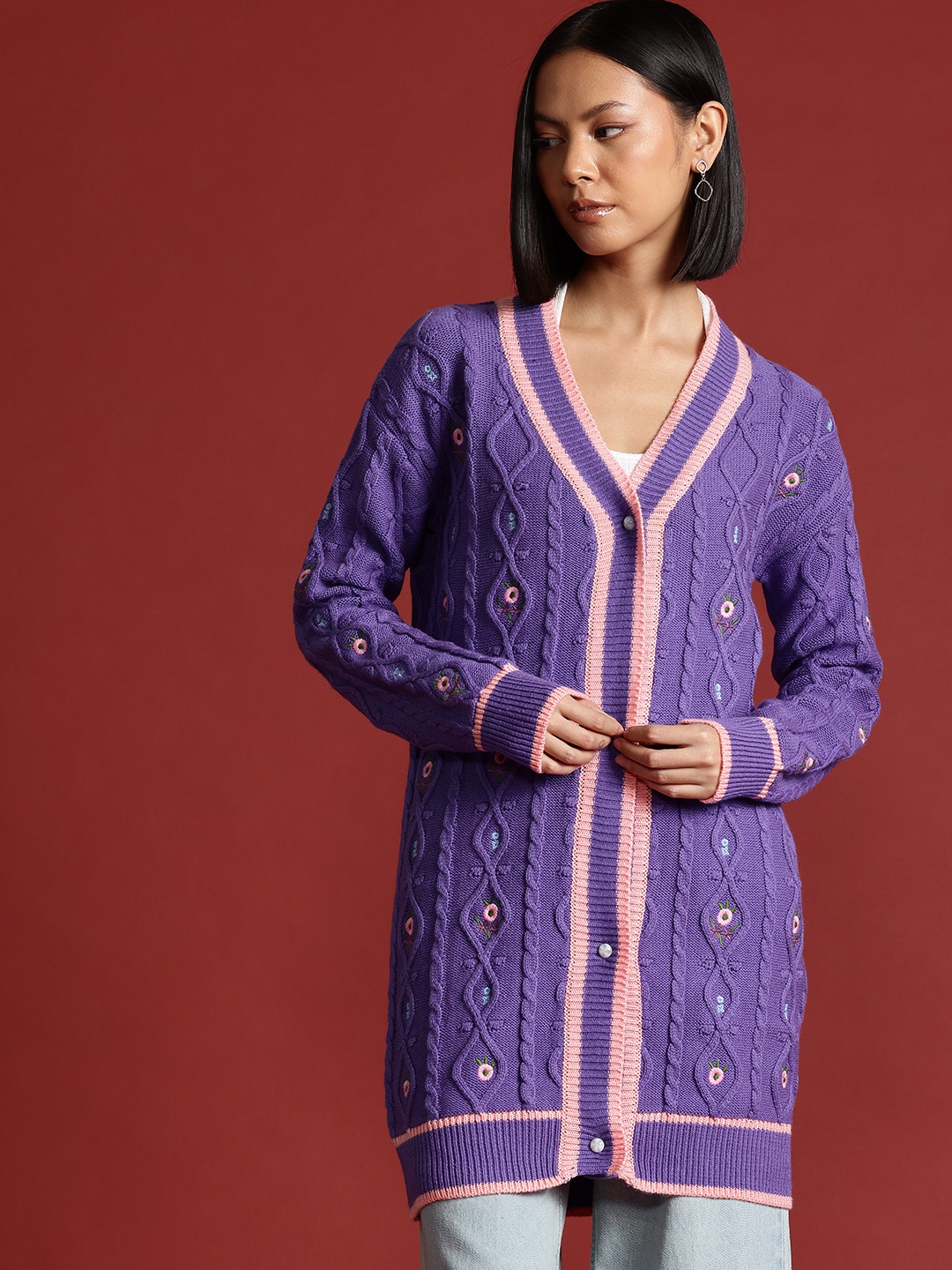 

all about you Embroidered Cable Knit Drop-Shoulder Sleeves Longline Acrylic Cardigan, Purple