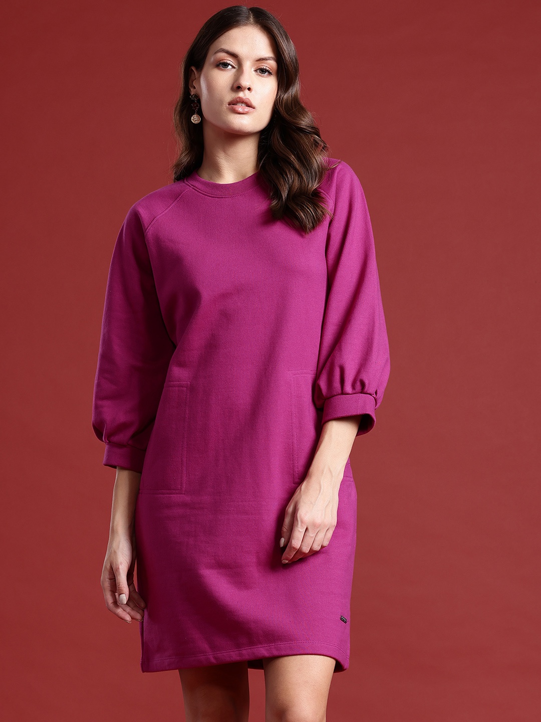 

all about you Solid Round Neck Sweatshirt Dress, Pink