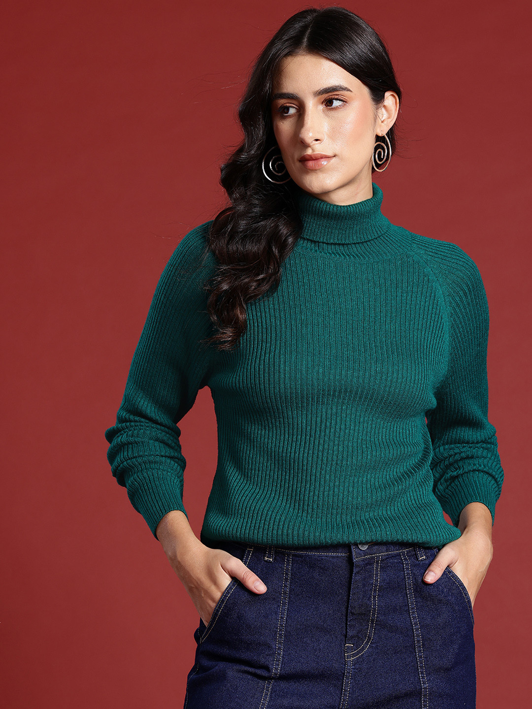

all about you Solid Turtle Neck Ribbed Acrylic Pullover, Green