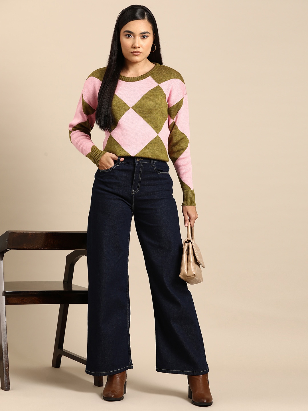 

all about you Checked Drop-Shoulder Sleeves Acrylic Pullover, Pink