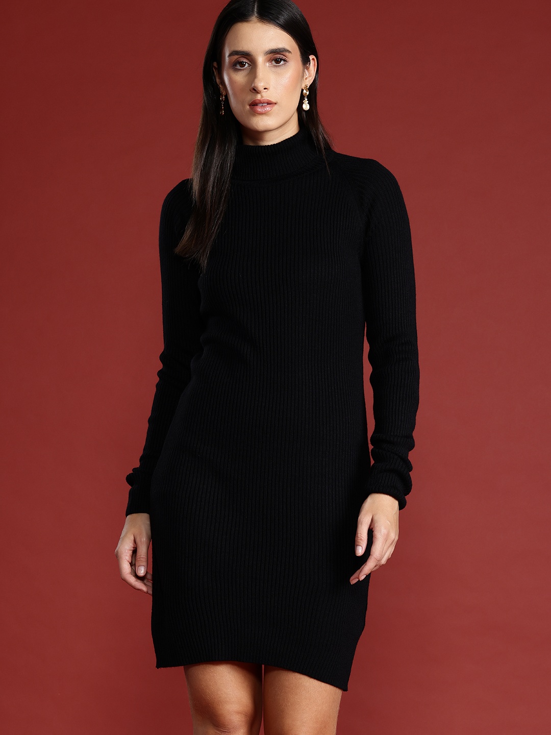 

all about you Turtle Neck Raglan Sleeves Ribbed Acrylic Jumper Dress, Black