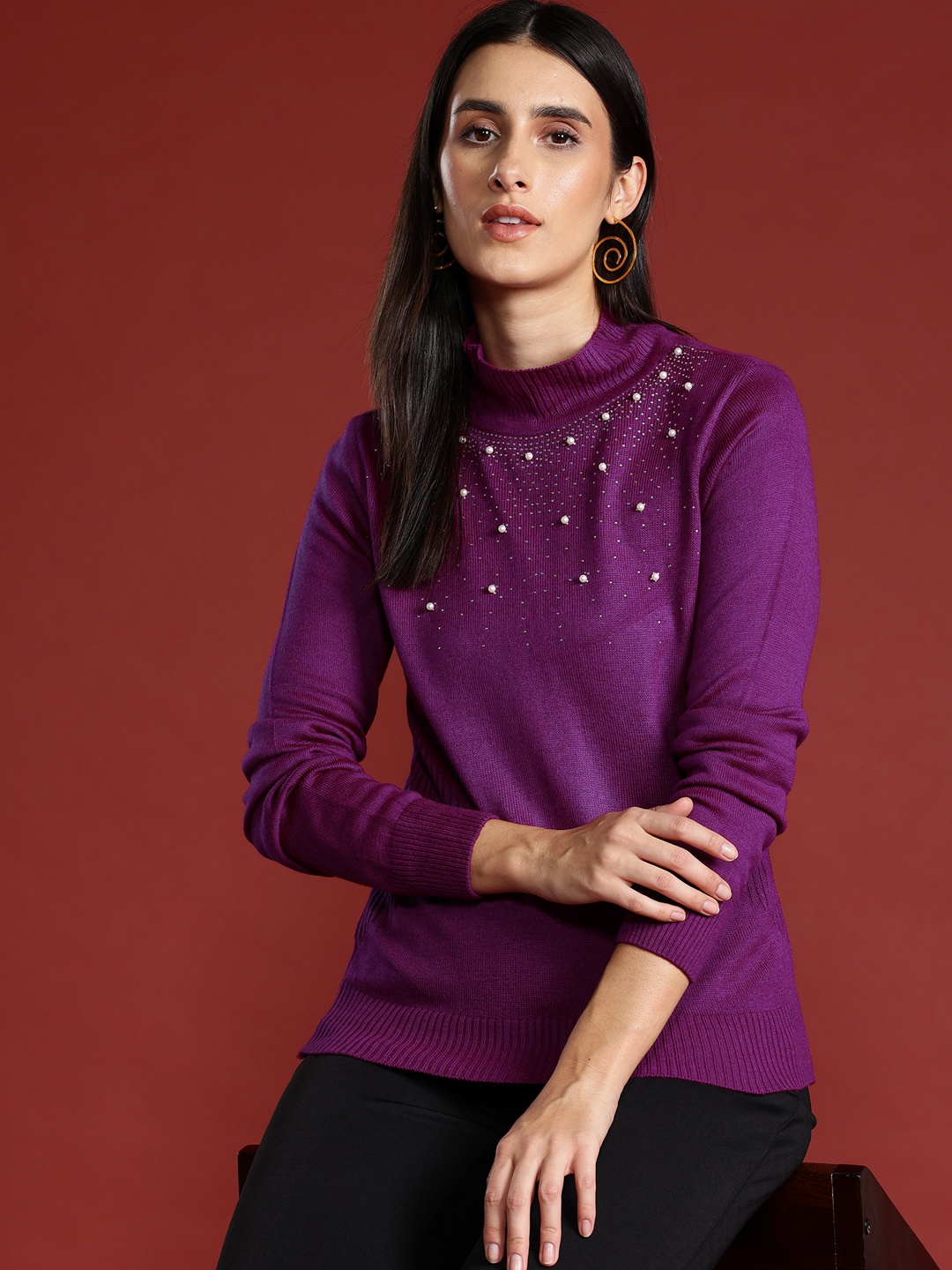 

all about you High Neck Embellished Pullover, Magenta