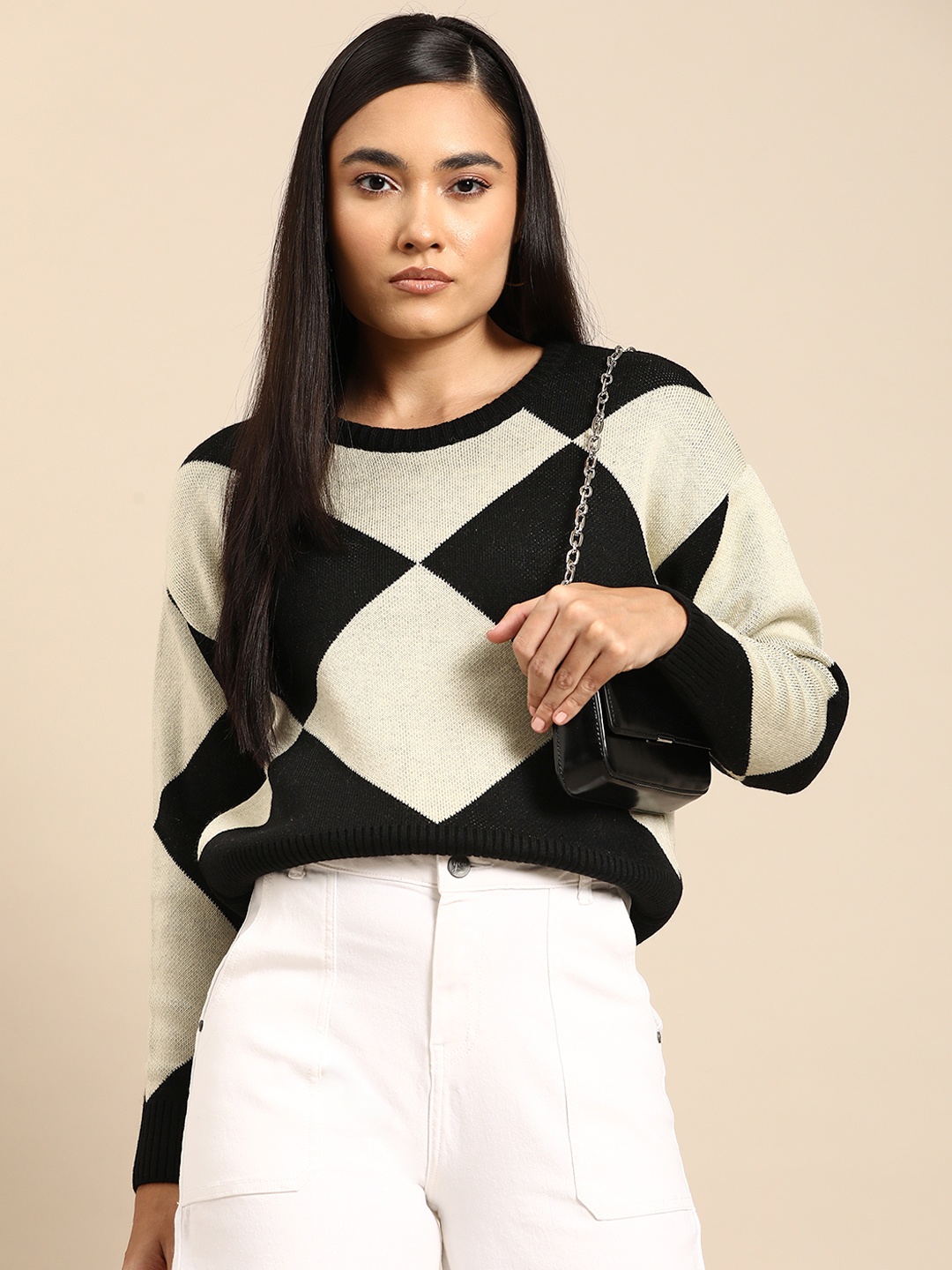 

all about you Checked Drop-Shoulder Sleeves Acrylic Pullover, Black