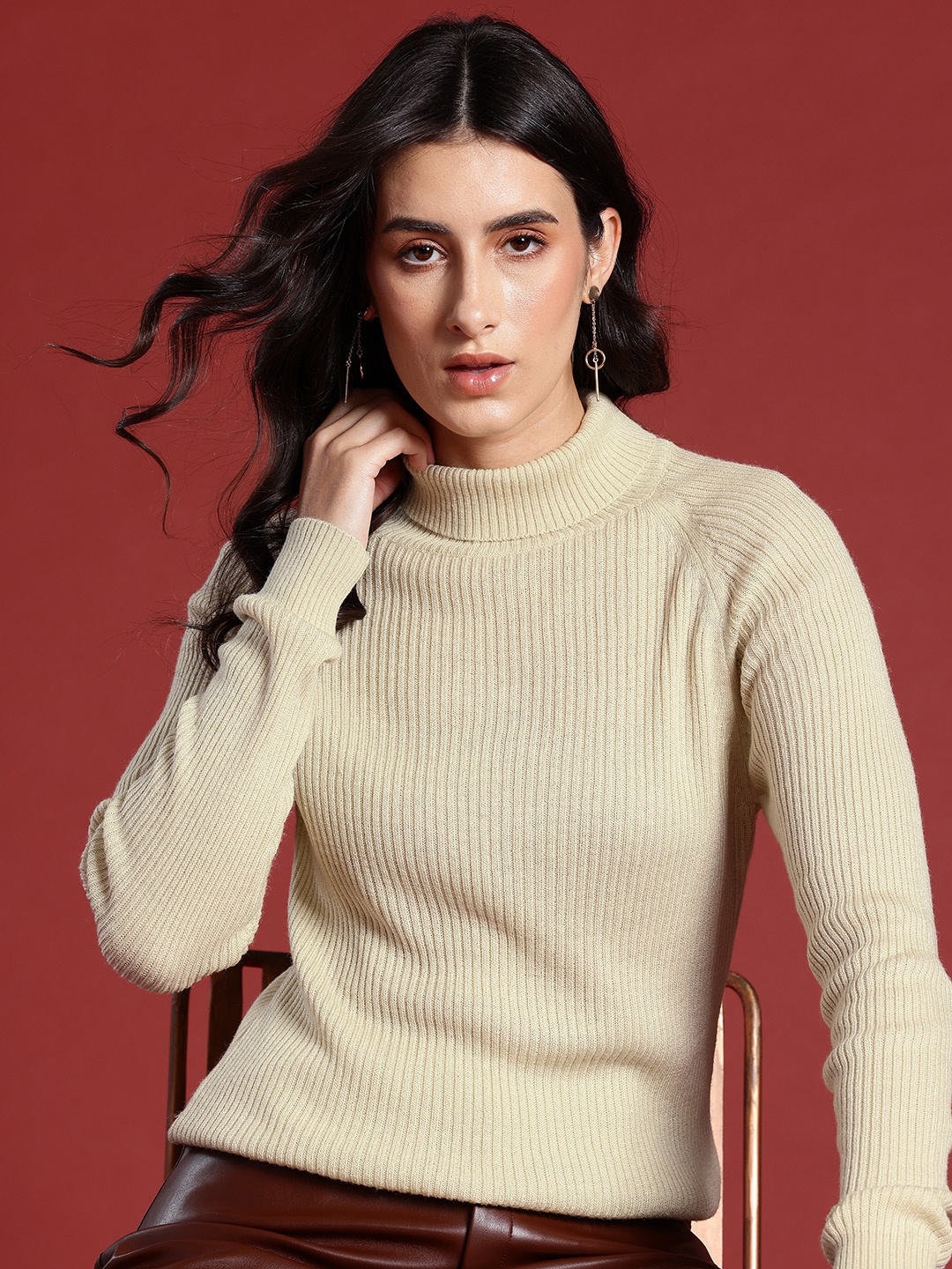 

all about you Solid Turtle Neck Ribbed Acrylic Pullover, Beige