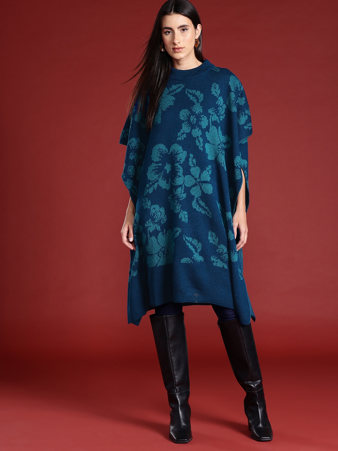 

all about you Floral Longline Acrylic Poncho, Navy blue