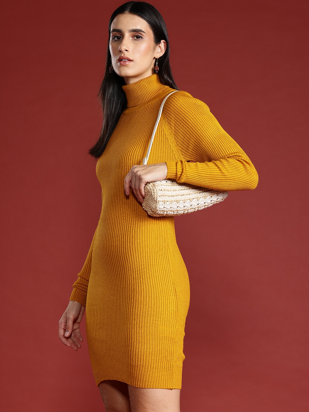 

all about you Turtle Neck Raglan Sleeves Ribbed Acrylic Jumper Dress, Mustard