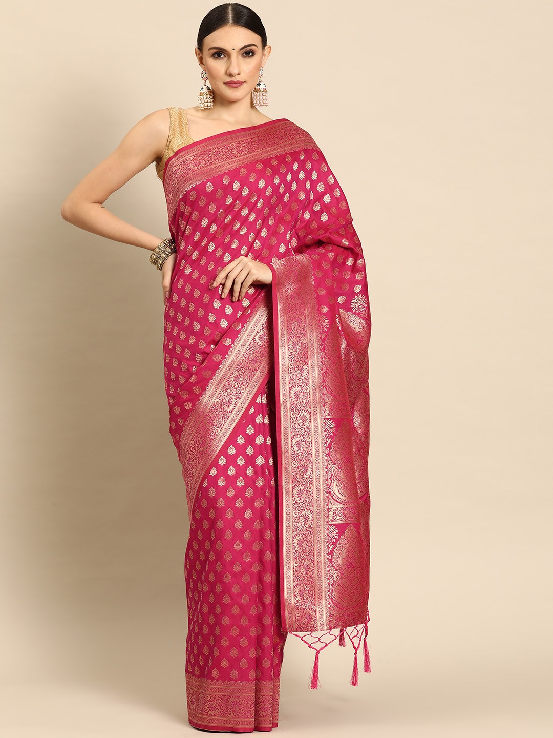

Ishin Fushia Pink Woven Design Ethnic Motifs Zari Banarasi Saree, Fuchsia