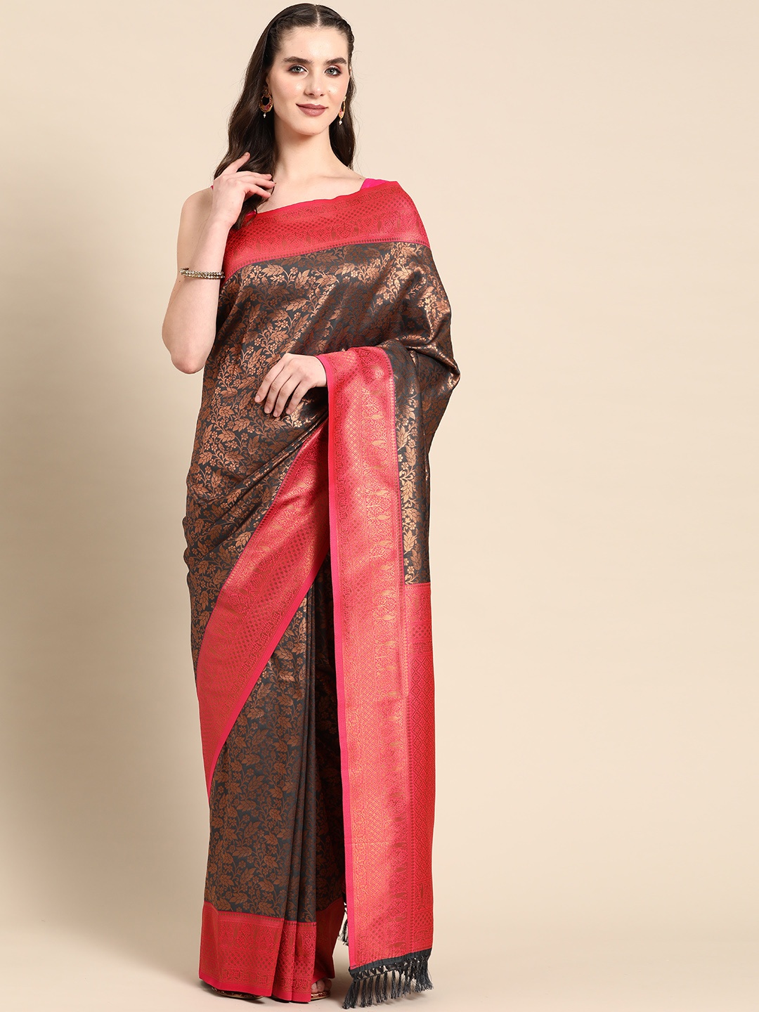 

Ishin Floral Zari Silk Blend Banarasi Saree, Grey