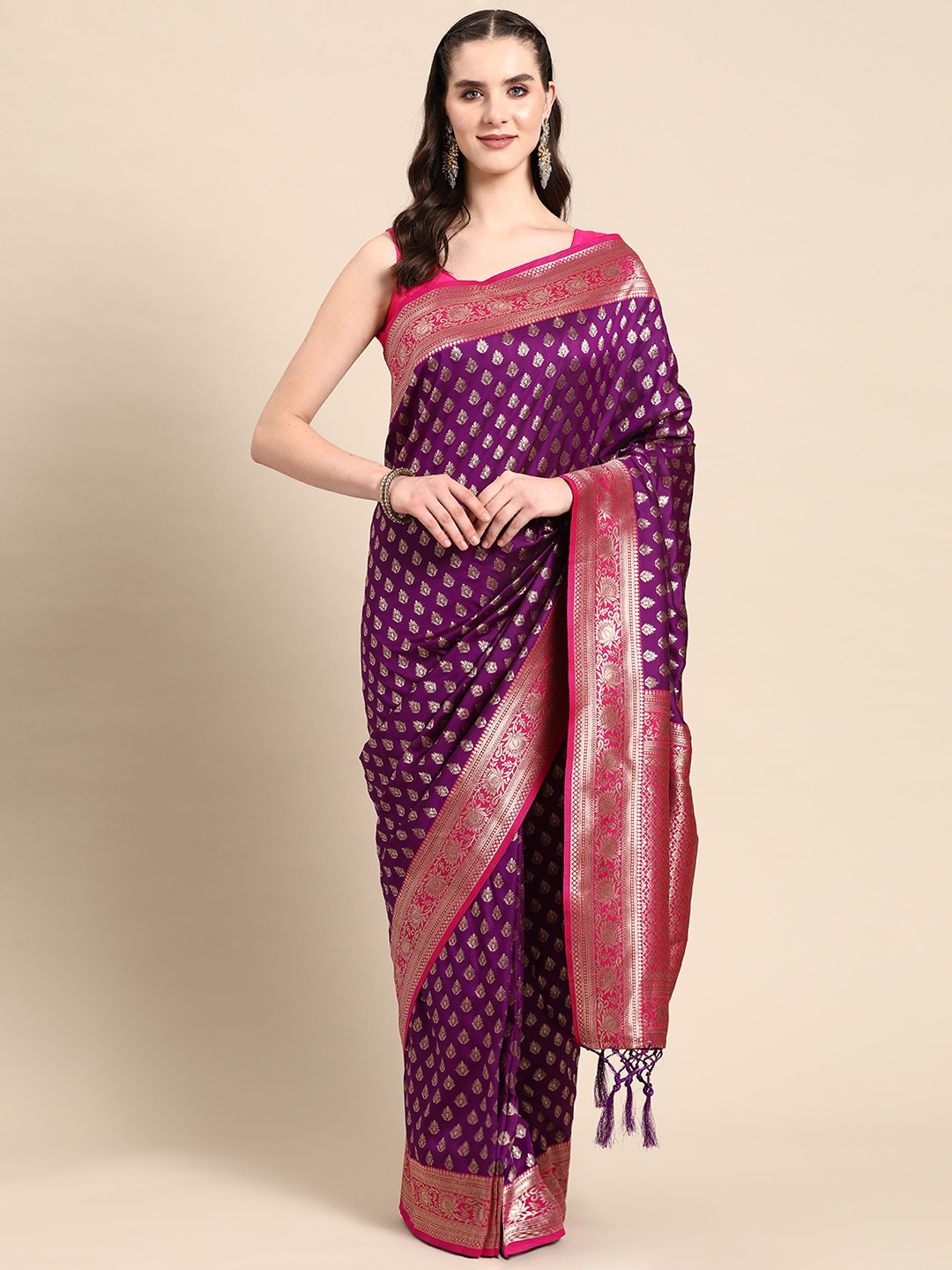 

Ishin Ethnic Motifs Zari Silk Blend Banarasi Saree, Purple